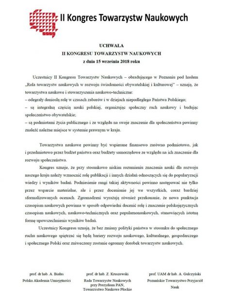 Uchwała II Kongresu Towarzystw Naukowych w Polsce
