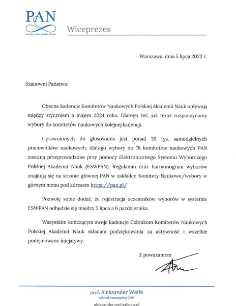 Informacja o rozpoczętym procesie wyborczym do komitetów naukowych Polskiej Akademii Nauk