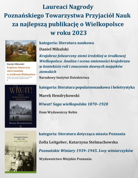Laureaci Konkursu o Nagrodę Poznańskiego Towarzystwa Przyjaciół Nauk za najlepszą publikację o Wielkopolsce w 2023 roku