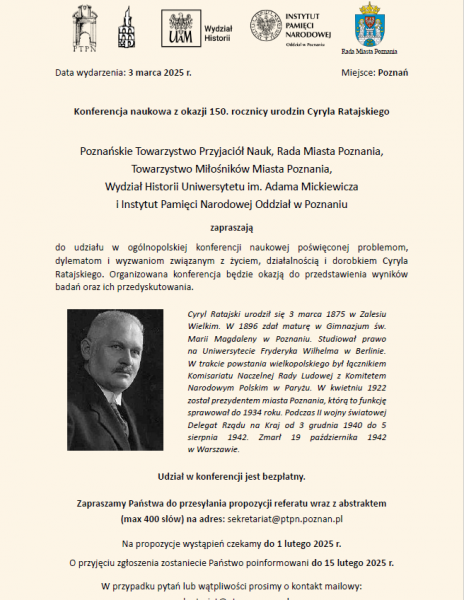 Ogólnopolska konferencja naukowa z okazji 150. rocznicy urodzin Cyryla Ratajskiego