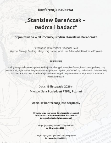 Konferencja naukowa  „Stanisław Barańczak – twórca i badacz” 13.11.2026 r. – zaproszenie